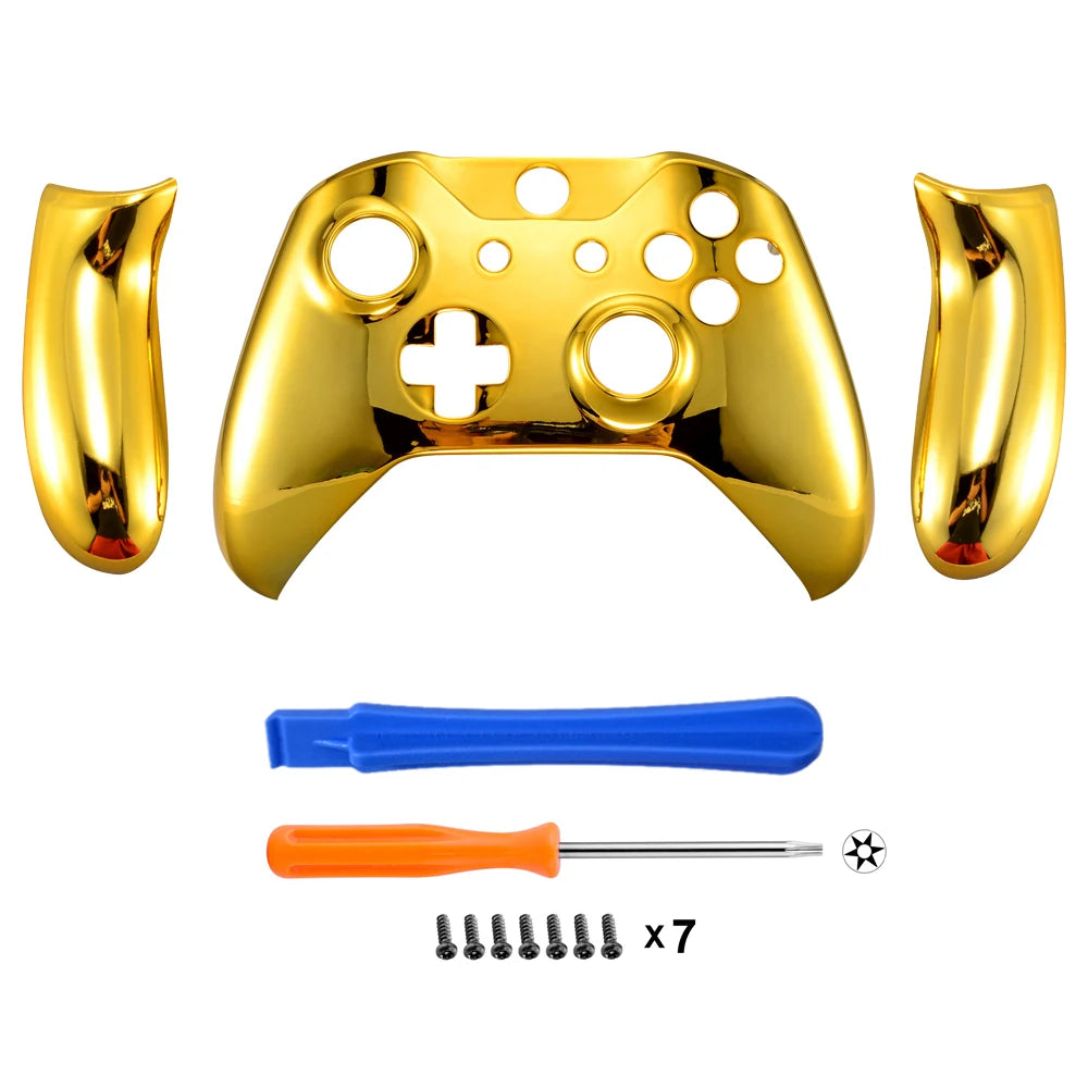 eXtremeRate Chrome Gold Front Housing Shell Faceplate Side Rails Panel for Xbox One X, for Xbox One S Controller