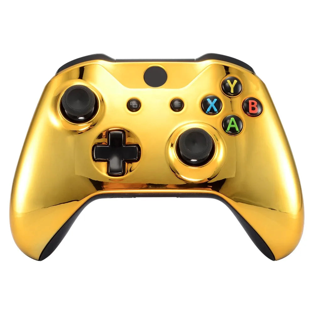 eXtremeRate Chrome Gold Front Housing Shell Faceplate Side Rails Panel for Xbox One X, for Xbox One S Controller