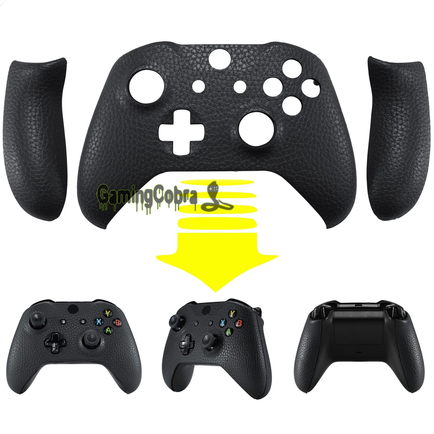 eXtremeRate Black Premium Texture PU Leather Top Shell Faceplate Repair Kits with Side Rails Panel for Xbox One X & S Controller