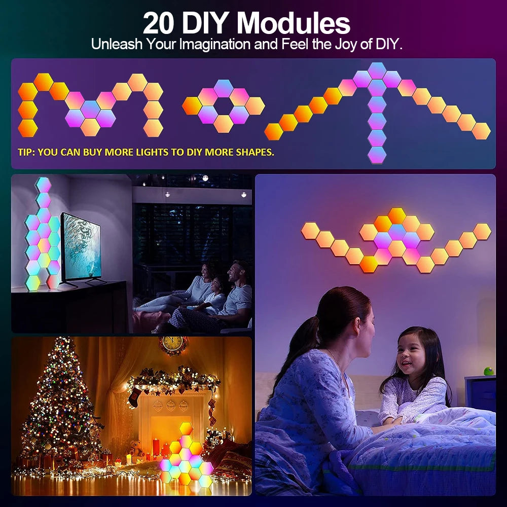 Fivemi 20 Pack Hexagon Lights Wall RGB Panel Smart APP Hexagonal Modular Gaming Lights Night  Music Sync Honeycomb Light Bedroom