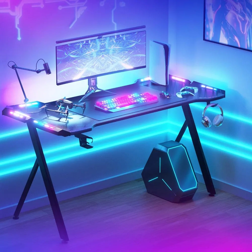 Gaming Desk with LED Lights, RGB Gaming Computer Table with Carbon Fibre Surface, LED Home Office Desk with Remote Control