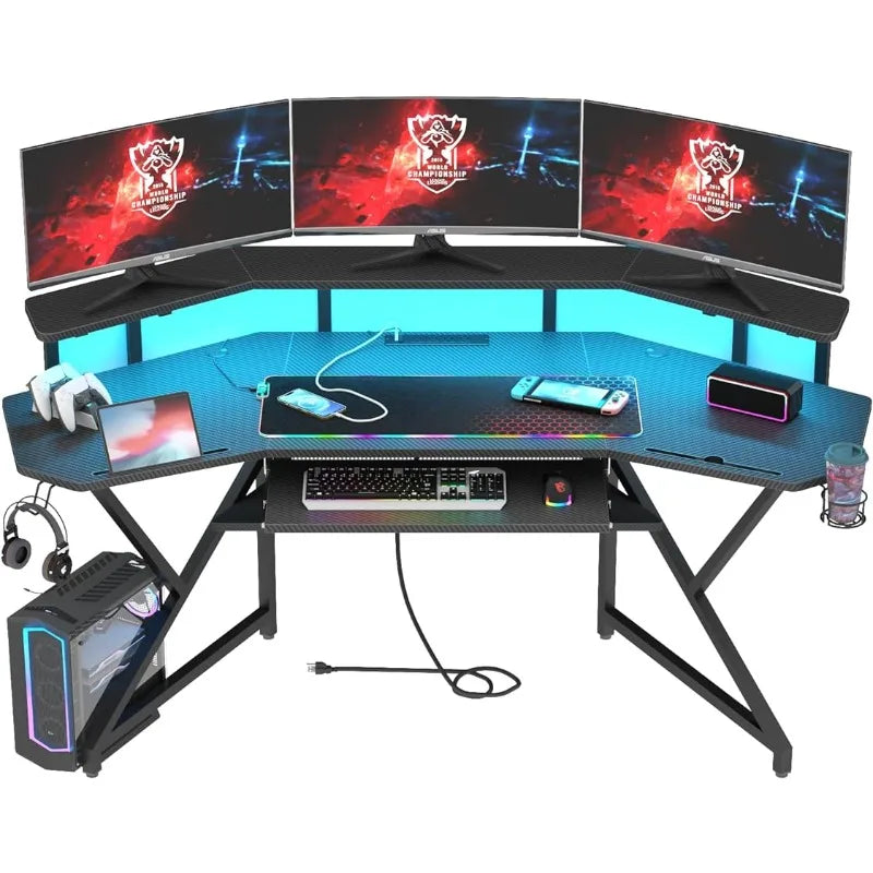 72" Large Wing-Shaped Computer Desk w Monitor Stand & Keyboard Tray & Full-Size Mouse Pad