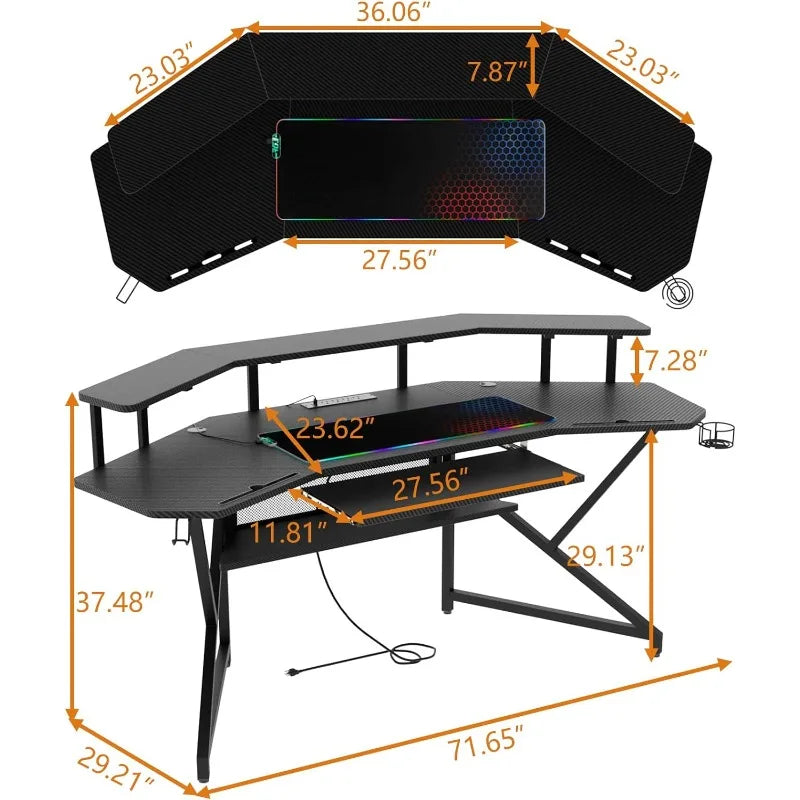 72" Large Wing-Shaped Computer Desk w Monitor Stand & Keyboard Tray & Full-Size Mouse Pad