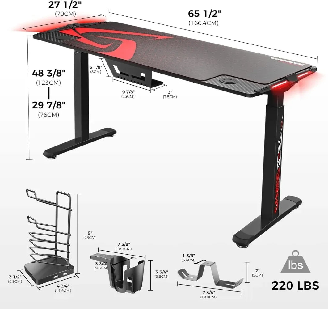 EUREKA ERGONOMIC 65 inch Gaming Desk Standing Desk Large Gaming Computer Desk with RGB LED Lights Gaming Mouse mat Black