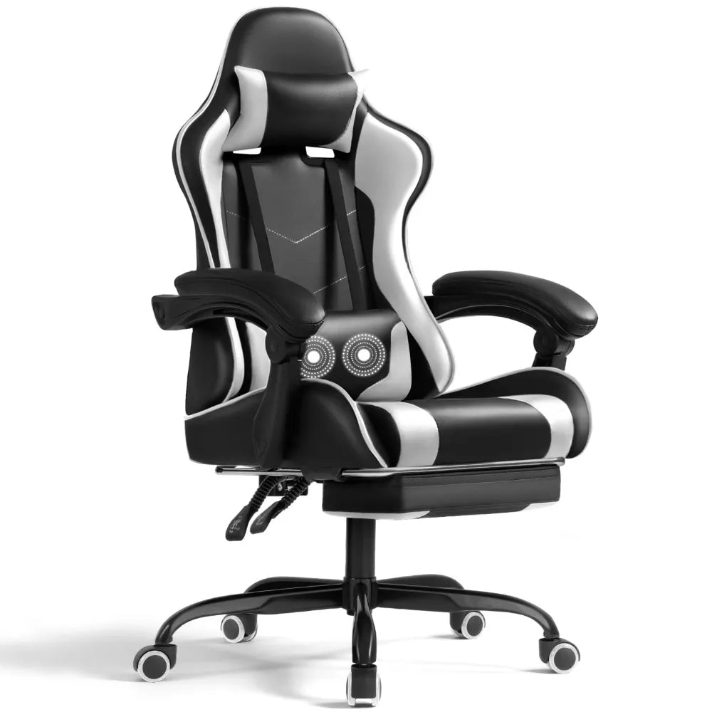 Lacoo PU Leather Gaming Chair Massage Ergonomic Gamer Chair Height Adjustable Computer Chair with Footrest & Lumbar Suppo