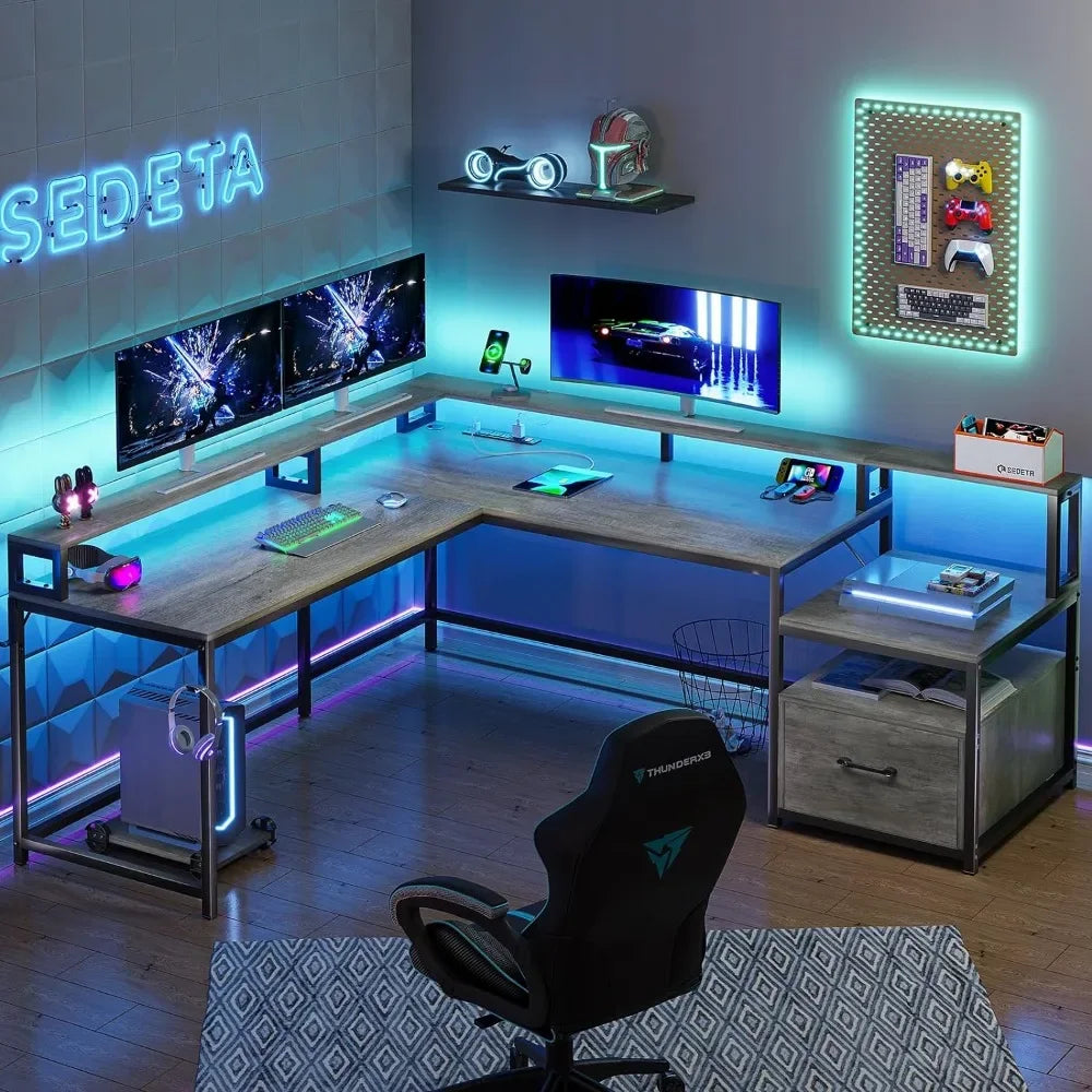 L Shaped Office Desk, 66" Home Office Desk with File Drawer & Power Outlet, Gaming Desk with Led Lights, Corner Computer Desk