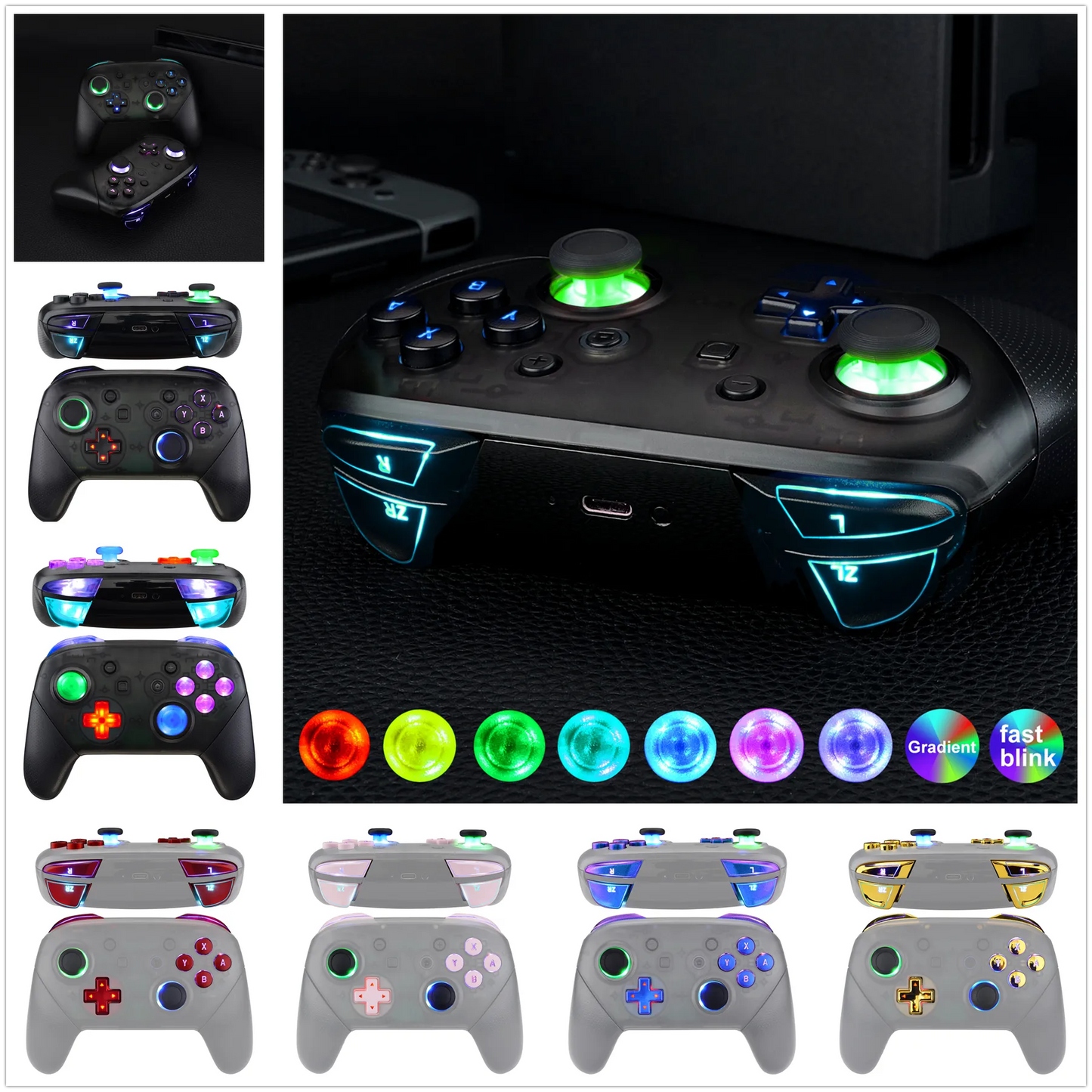 eXtremeRate Luminated Thumbsticks D-pad Face Buttons DIY DTFS LED Kit V2 for Nintendo Switch Pro Controllere -  9 Colors Modes