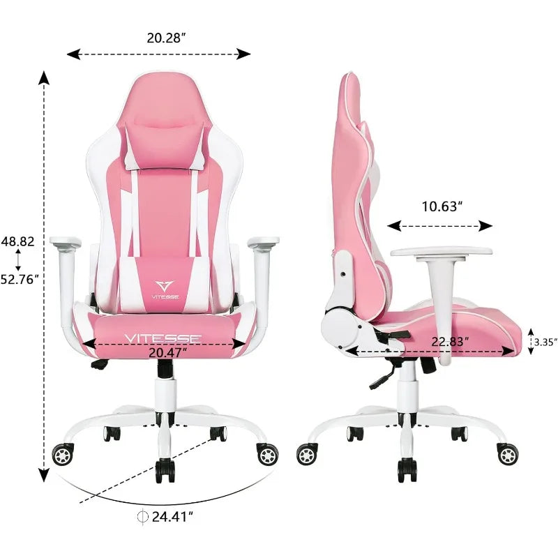 PUKAMI Pink Cute Kawaii Gaming Chair for Girl Ergonomic Desk Racing Office Adjustable High Back Game Swivel Leather Chair