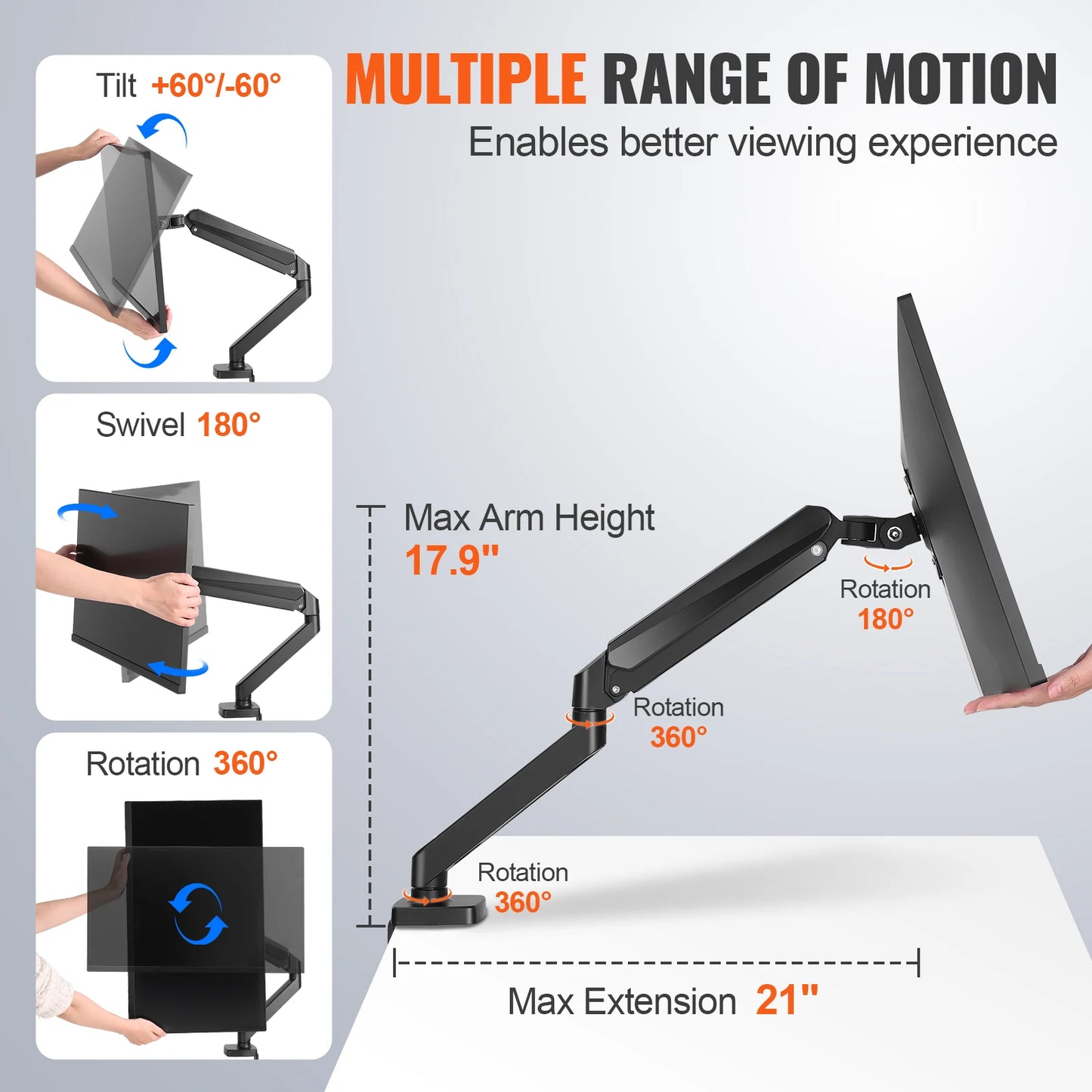 VEVOR Single/ Dual/ Triple Monitor Mount for Screens Gas Spring Monitor Arm Desk Mount with C-Clamp and Grommet Mounting Base