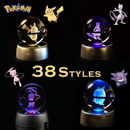 Pokemon 3D Crystal Ball Pikachu Gengar Mew Mewtwo Figurines Lamp Base Pokeball 3D Pokemon Glass Ball Statue Kids Birthday Gift