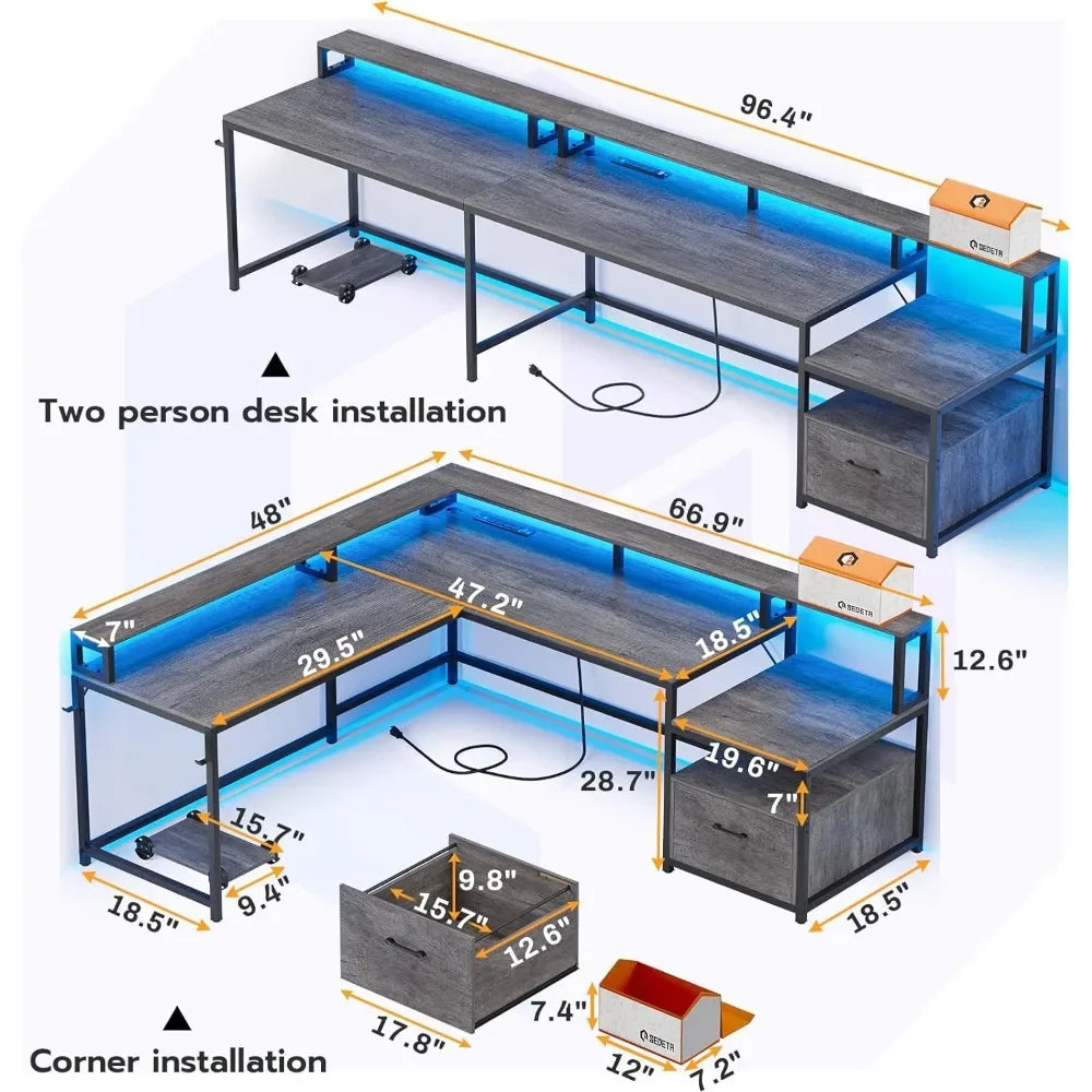 L Shaped Office Desk, 66" Home Office Desk with File Drawer & Power Outlet, Gaming Desk with Led Lights, Corner Computer Desk