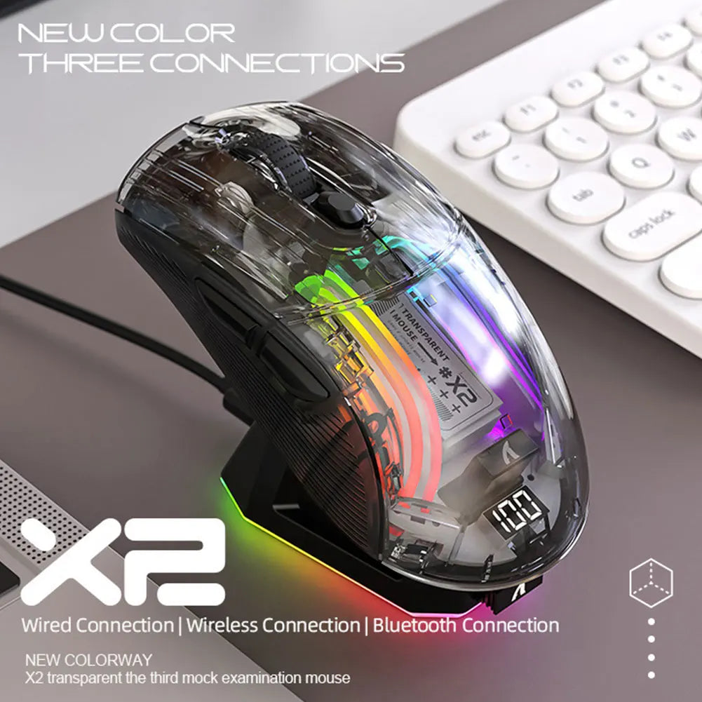 Wireless Gamer Mouse RGB Lighting 3 Modes Gaming Mouse Bluetooth-Compatible 5.0/2.4G/USB-C Transparent for PC Laptop Desktop