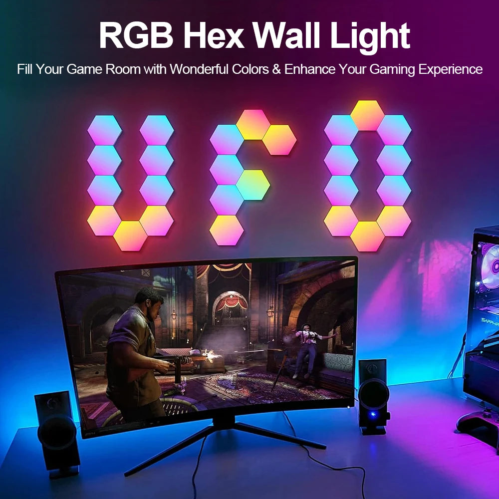 Fivemi 20 Pack Hexagon Lights Wall RGB Panel Smart APP Hexagonal Modular Gaming Lights Night  Music Sync Honeycomb Light Bedroom