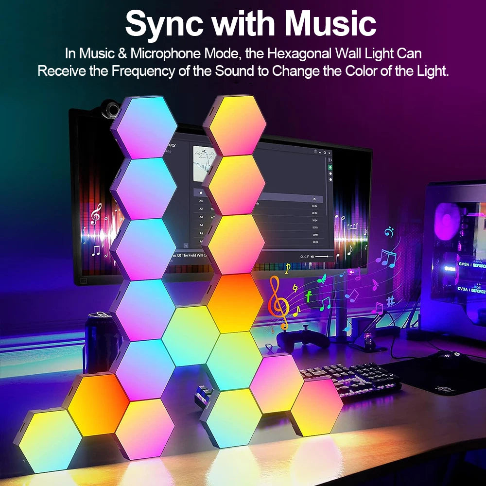 Fivemi 20 Pack Hexagon Lights Wall RGB Panel Smart APP Hexagonal Modular Gaming Lights Night  Music Sync Honeycomb Light Bedroom