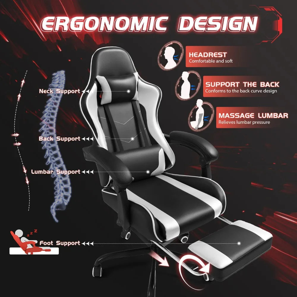 Lacoo PU Leather Gaming Chair Massage Ergonomic Gamer Chair Height Adjustable Computer Chair with Footrest & Lumbar Suppo