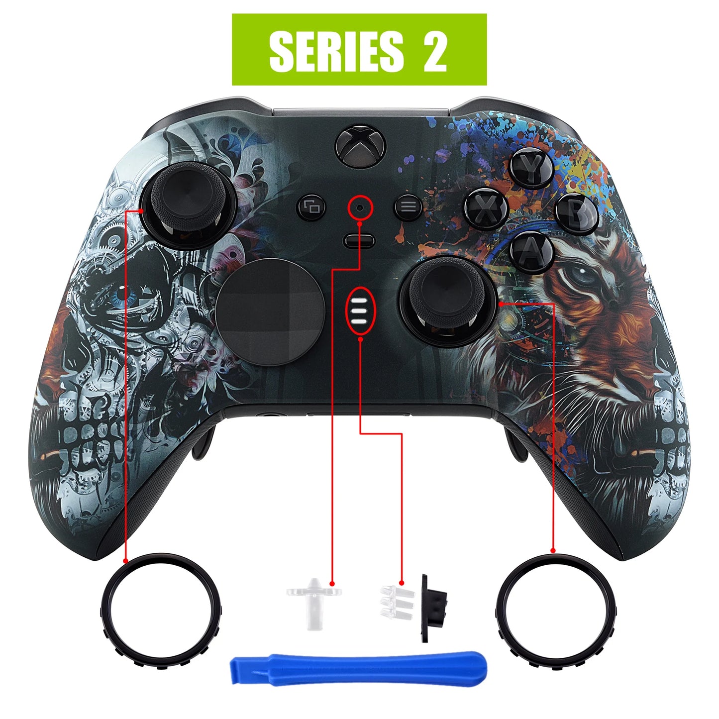 eXtremeRate Soft Touch Faceplate Front Housing Shell Replacement Kit for Xbox One Elite Series 2 Controller - Tiger Skull