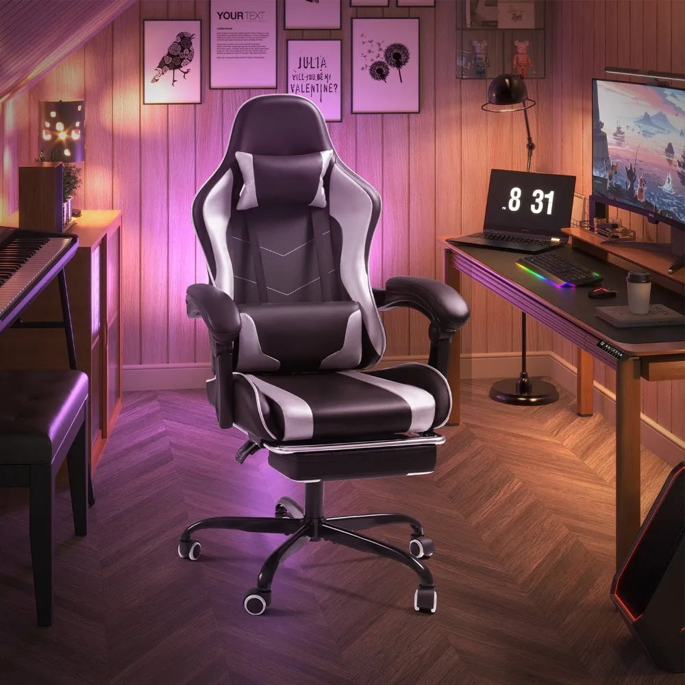 Lacoo PU Leather Gaming Chair Massage Ergonomic Gamer Chair Height Adjustable Computer Chair with Footrest & Lumbar Suppo