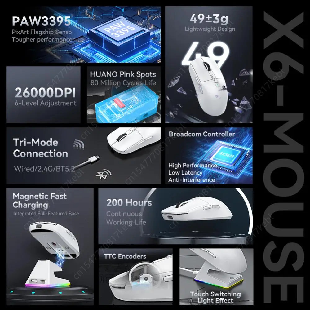 Attack Shark X6 Wireless Gaming Mouse 26000DPI 2.4G Receiver Optical Mouse PAW3395 Bluetooth-Compatible Ergonomic Macro Mouse