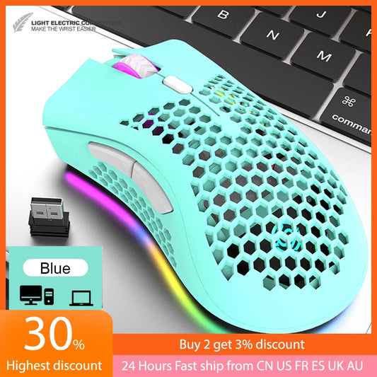 7 Buttons USB Wireless RGB Mouse Rechargeable 3 Gears 1600 DPI Adjustable Hollow Honeycomb Gamer Mice Blue/Pink/Black/White