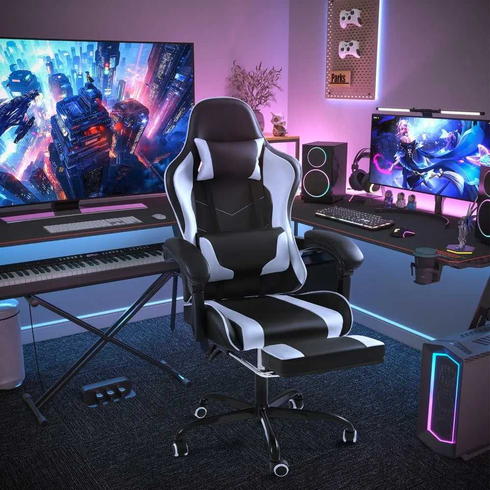 Lacoo PU Leather Gaming Chair Massage Ergonomic Gamer Chair Height Adjustable Computer Chair with Footrest & Lumbar Suppo