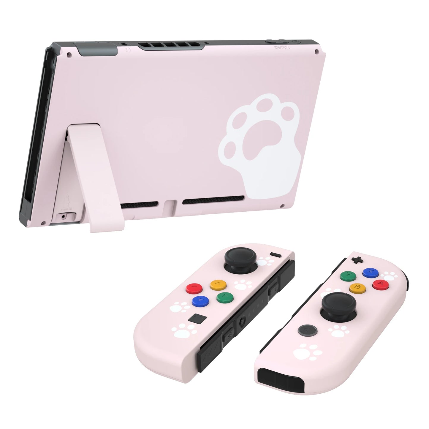 eXtremeRate Cherry Blossoms Pink Cat Paw Soft Touch Grip Back Plate + Controller Shell with Full Set Buttons for Nintendo Switch