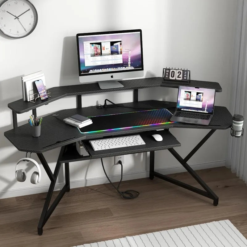 72" Large Wing-Shaped Computer Desk w Monitor Stand & Keyboard Tray & Full-Size Mouse Pad