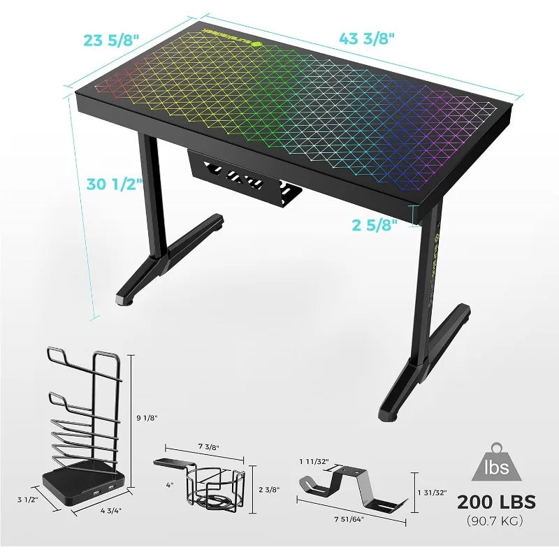 EUREKA ERGONOMIC RGB LED Gaming Desk, Music Sync Lights Up Tempered Glass Desktop, 43" GTG I43 Home Office Desks