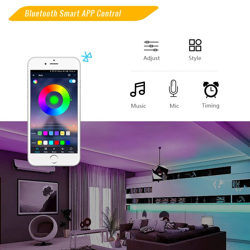 RGB LED Strip 5050 SMD 2835 LED Color-Changing Light Bluetooth&WIFI Controller and 12V Adapter For Bedroom TV Backlight Kitchen