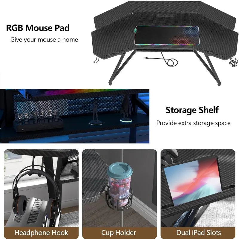 72" Large Wing-Shaped Computer Desk w Monitor Stand & Keyboard Tray & Full-Size Mouse Pad