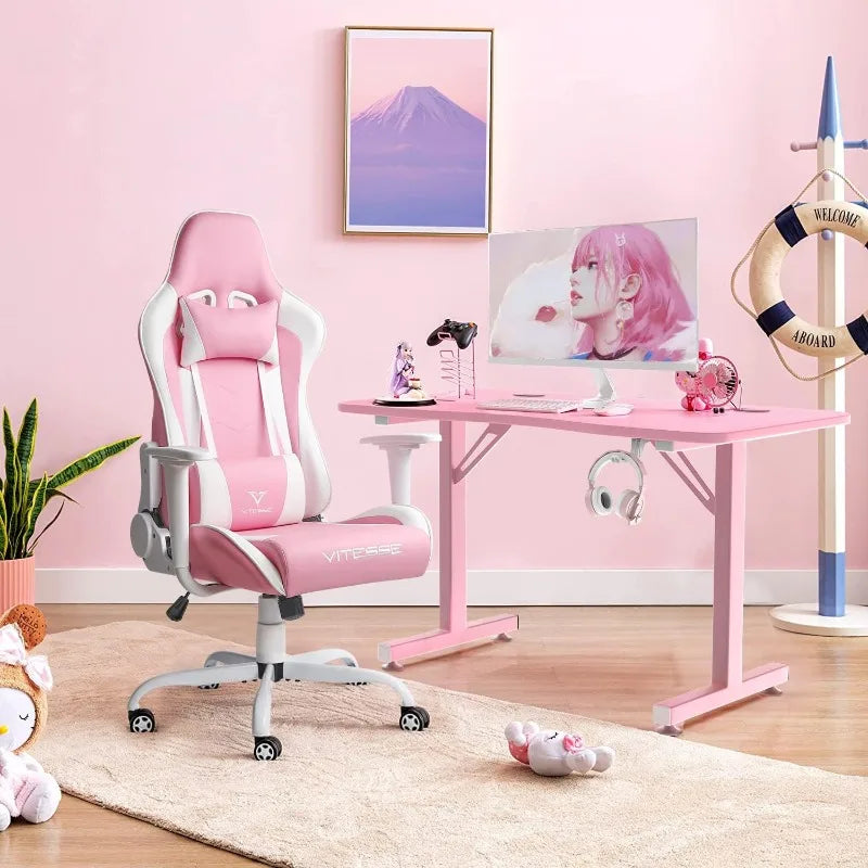 PUKAMI Pink Cute Kawaii Gaming Chair for Girl Ergonomic Desk Racing Office Adjustable High Back Game Swivel Leather Chair