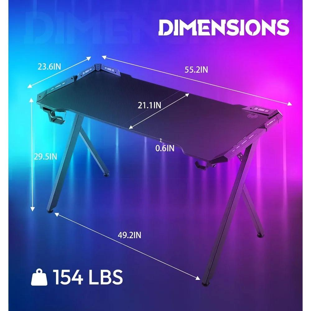 Gaming Desk with LED Lights, RGB Gaming Computer Table with Carbon Fibre Surface, LED Home Office Desk with Remote Control