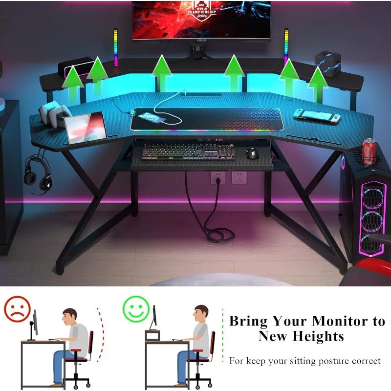 72" Large Wing-Shaped Computer Desk w Monitor Stand & Keyboard Tray & Full-Size Mouse Pad