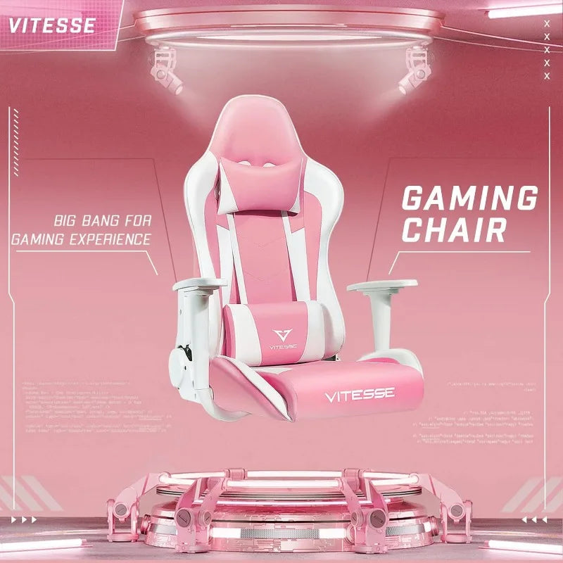 PUKAMI Pink Cute Kawaii Gaming Chair for Girl Ergonomic Desk Racing Office Adjustable High Back Game Swivel Leather Chair