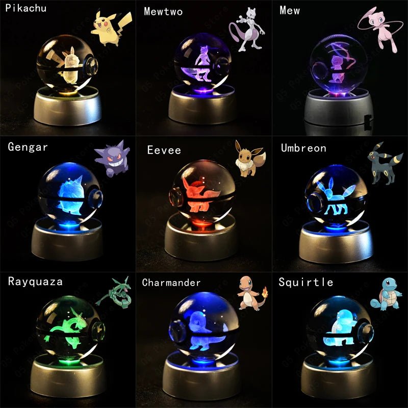 Pokemon 3D Crystal Ball Pikachu Gengar Mew Mewtwo Figurines Lamp Base Pokeball 3D Pokemon Glass Ball Statue Kids Birthday Gift