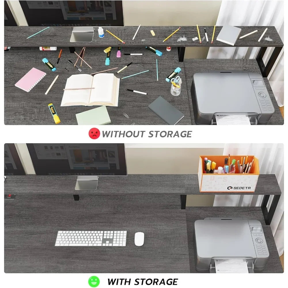 L Shaped Office Desk, 66" Home Office Desk with File Drawer & Power Outlet, Gaming Desk with Led Lights, Corner Computer Desk